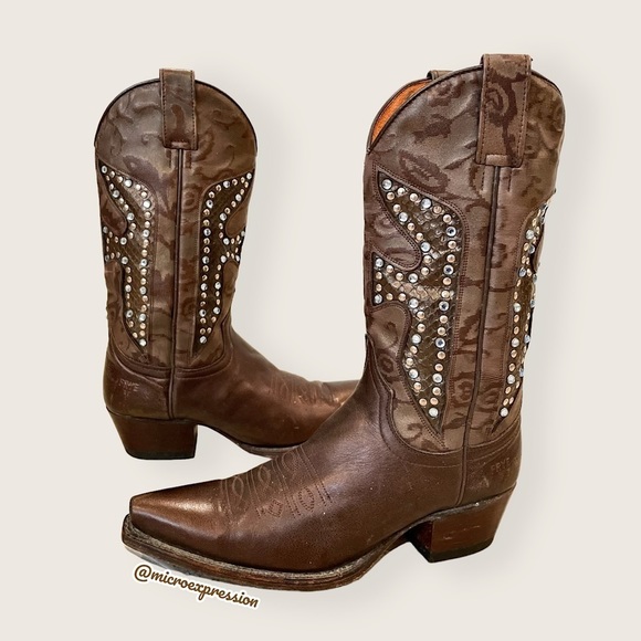 $429 Frye Daisy Duke Floral Metallic Brown Tan Rhinestone Pull On Cowboy Boot - Picture 15 of 15